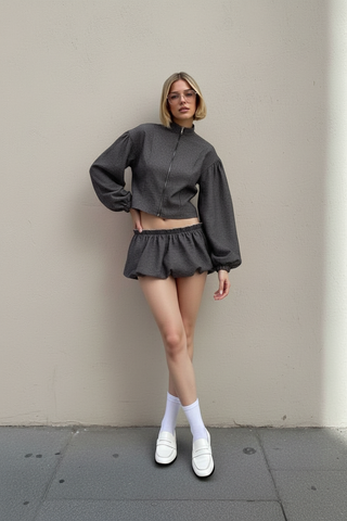 Women's Sets Autumn Fashion 2025 Plain Long Sleeve Separated Zipper Jackets Basics Mini Bubble Skirts Sets