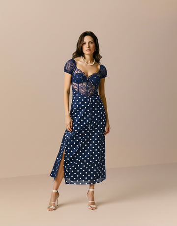 Women's Summer Dresses Sexy Sheer Polka Dot Puff Sleeve Sweetheart Neck Side Slit Midi Vacation Dresses