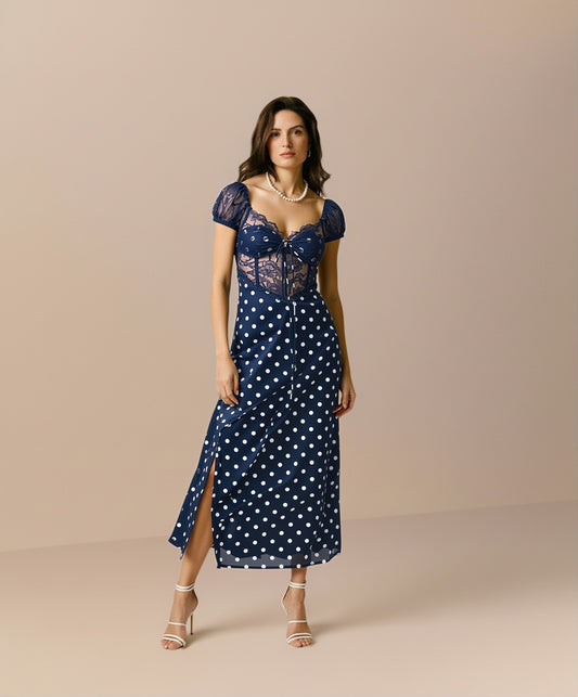 Women's Summer Dresses Sexy Sheer Polka Dot Puff Sleeve Sweetheart Neck Side Slit Midi Vacation Dresses