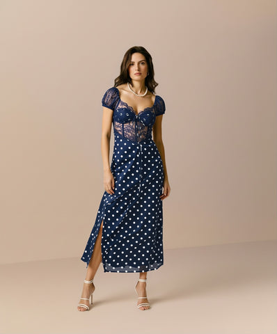 Women's Summer Dresses Sexy Sheer Polka Dot Puff Sleeve Sweetheart Neck Side Slit Midi Vacation Dresses