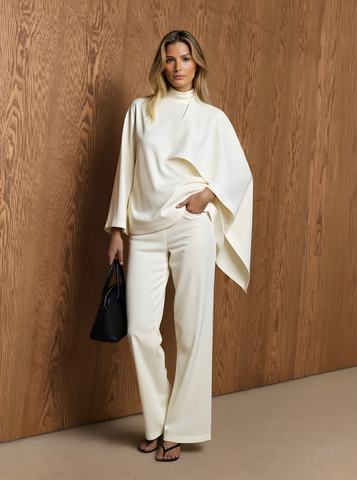 Women's Sets Autumn Fashion Plain Shawl Long Sleeve Crew Neck Blouses Full Length Straight Casual Pants Sets