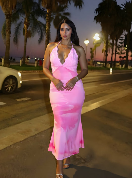 Autumn Dresses Women's 2025 Elegant Gradient Sleeveless Halter Neck Draped Midi Vacation Bodycon Dresses