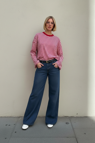 2025 Autumn Winter Women's T-Shirts Fashion Stripes Long Sleeve Crew Neck Loose Fit Daily Basic T-Shirts