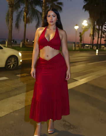 Autumn Sets Women's Fashion Plain Sleeveless Halter Neck Crop-Top Layered Ruffled Waist Skirts Daily Sets