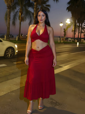 Autumn Sets Women's Fashion Plain Sleeveless Halter Neck Crop-Top Layered Ruffled Waist Skirts Daily Sets