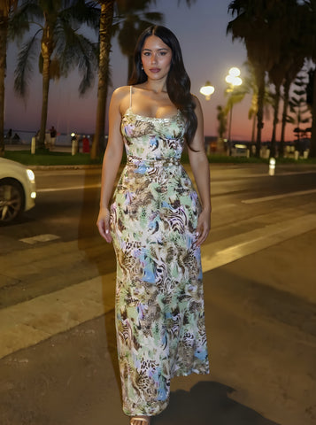 Autumn Dresses Women's 2025 Sexy Full Print Spaghetti Strap Square Neck Draped Midi Dating Wrap Dresses