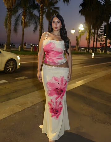 Autumn Sets Women's 2025 Fashion Floral Printing Sleeveless Square Neck Tanks Midi Draped Skirts Daily Sets