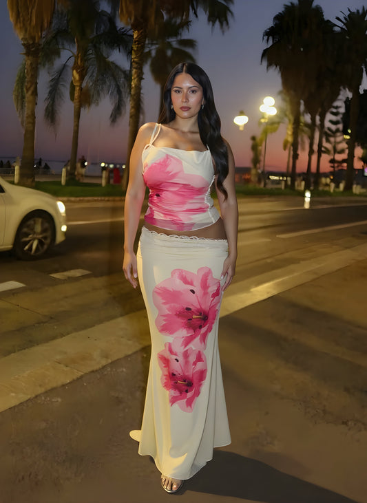 Autumn Sets Women's 2025 Fashion Floral Printing Sleeveless Square Neck Tanks Midi Draped Skirts Daily Sets