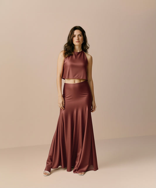 Women's Sets Summer Fashion Solid Color Sleeveless Crew Neck Crop-Top Folds Maxi Evening Dresses Sets