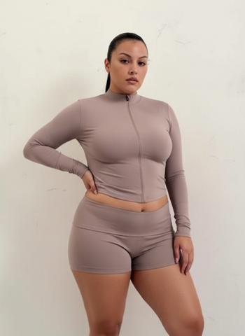 Plus Size Women's Sets Autumn Fitting Slim Korean Plain Long Sleeve Crew Neck Zipper Top High Waist Short Sport Sets