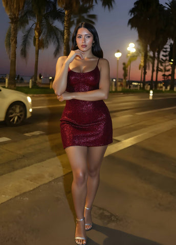 Autumn Dresses Women's 2025 Sexy Plain Sequins Spaghetti Strap Square Neck Mini Dating Party Wrap Dresses