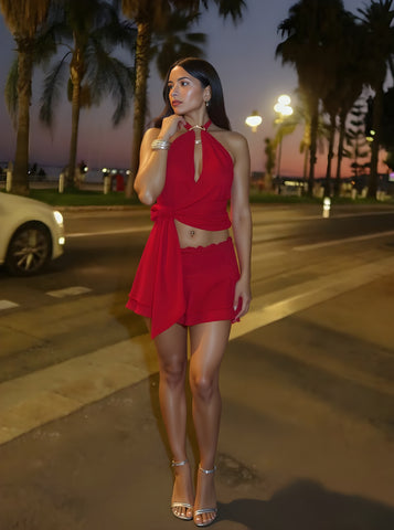 Autumn Sets Women's Chic Plain Sleeveless Halter Neck Lace-Up Tanks Mini A-Line Skirts Daily Sets