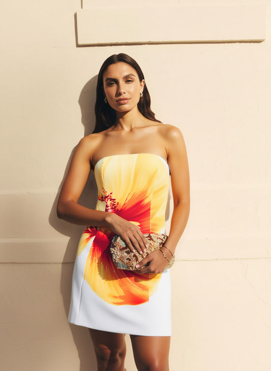 Women's 2025 Summer Dresses Daily Basic Full Print Sleeveless Strapless Vacation Mini Bodycon Dresses