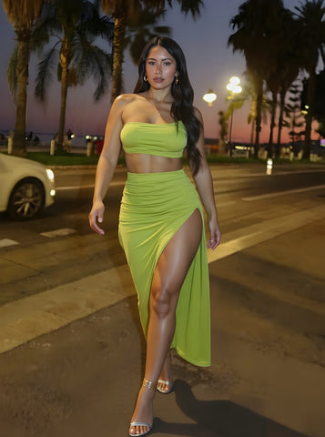 Autumn Sets Women's Chic Solid Color Sleeveless Strapless Tops A-Line Side Slit Skirts Daily Sets