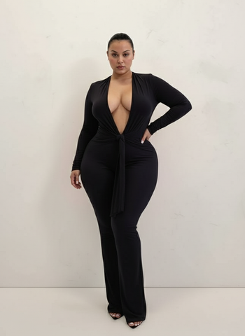 Plus Size Women's Autumn Jumpsuits 2025 Classic Chic Plain Long Sleeve V-Neck Lace-Up Fitting Slim Casual Jumpsuits