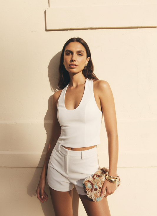 Women's Shorts Sets Autumn Simple Solid Color Sleeveless Halter Neck Crop-Top Daily Basic Shorts Sets