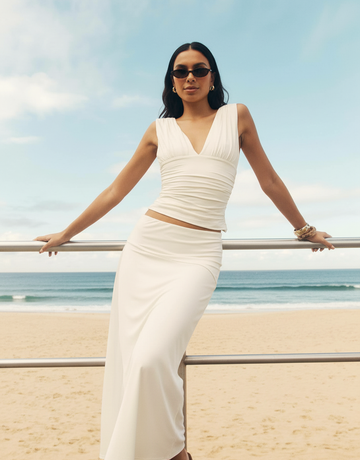 Autumn Sets Women's Fashion Plain Sleeveless V-Neck Folds Crop-Top Draped Midi Skirts Daily Basic Sets