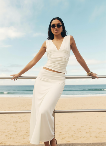 Autumn Sets Women's Fashion Plain Sleeveless V-Neck Folds Crop-Top Draped Midi Skirts Daily Basic Sets