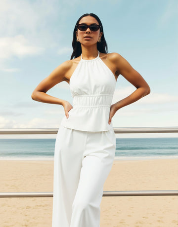 Women's Sets Summer Simple Solid Color Sleeveless Halter Neck Top Ankle Straight Vacation Pants Sets