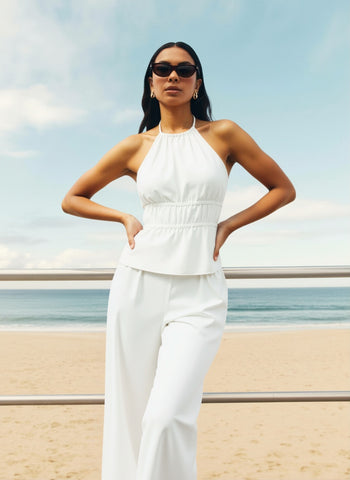 Women's Sets Summer Simple Solid Color Sleeveless Halter Neck Top Ankle Straight Vacation Pants Sets