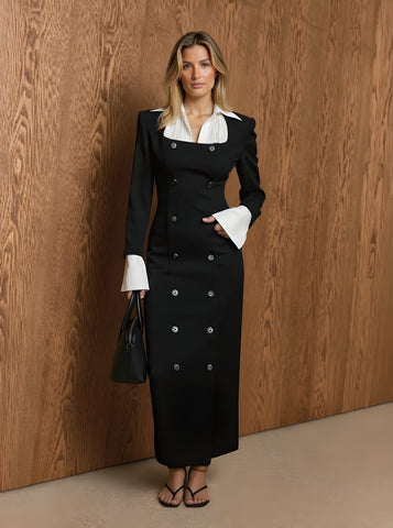 Women's Autumn Dresses Decent Solid Color Long Sleeve Shirt Collar Double Breasted Office Lady Midi Dresses