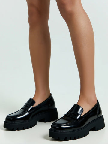 Trendy 2025 Women's Patent Leather Chunky Loafers Comfortable Slip-On Casual Shoes For Spring Fall Daily Wear