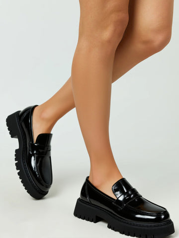 Trendy 2025 Women's Patent Leather Chunky Loafers Comfortable Slip-On Casual Shoes For Spring Fall Daily Wear