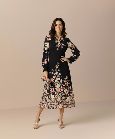 Women's Dresses Autumn Vintage Floral Lantern Sleeve Mandarin Collar Cheongsam Office Lady Midi Dresses