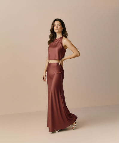 Women's Sets Summer Fashion Solid Color Sleeveless Crew Neck Crop-Top Folds Maxi Evening Dresses Sets