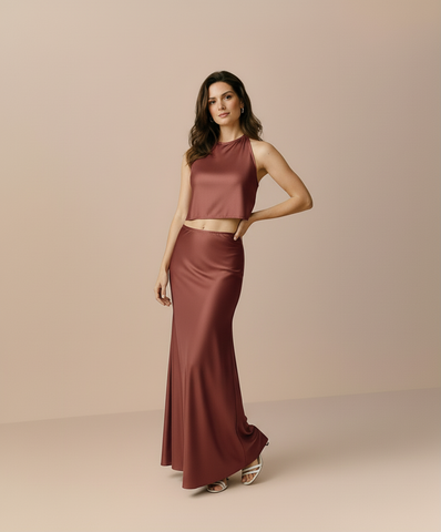 Women's Sets Summer Fashion Solid Color Sleeveless Crew Neck Crop-Top Folds Maxi Evening Dresses Sets