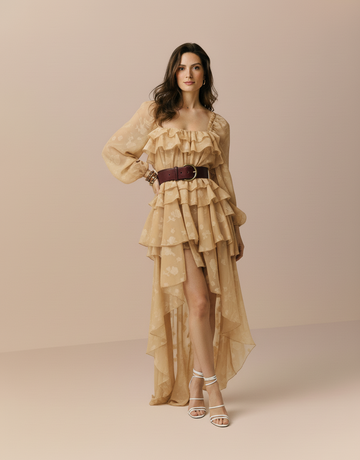 Women's Dresses Autumn Fashion Solid Color Long Sleeve Square Neck Sashes Irregular Hem Vacation Midi Dresses