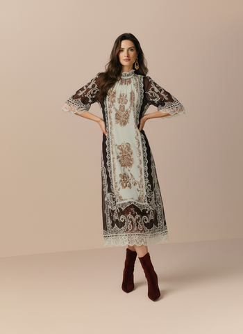 Autumn Winter Women's 2025 Dresses Elegant Appliques Long Sleeve Mock Neck Lace Evening Dresses