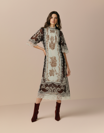 Autumn Winter Women's 2025 Dresses Elegant Appliques Long Sleeve Mock Neck Lace Evening Dresses