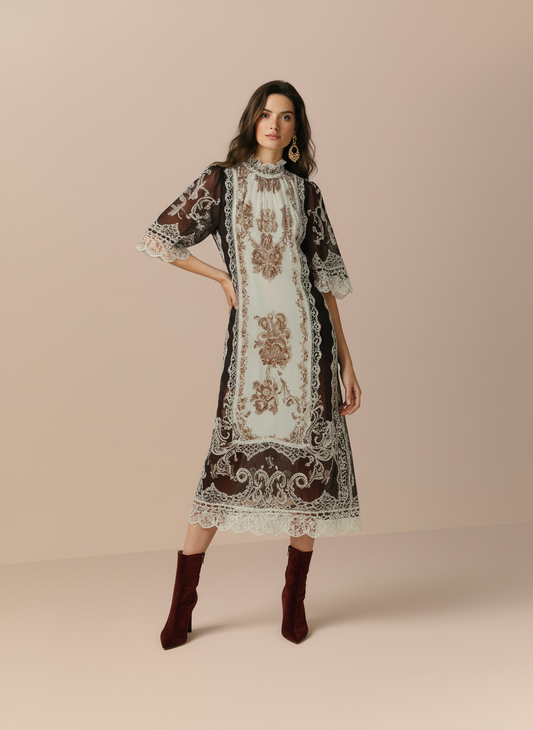 Autumn Winter Women's 2025 Dresses Elegant Appliques Long Sleeve Mock Neck Lace Evening Dresses