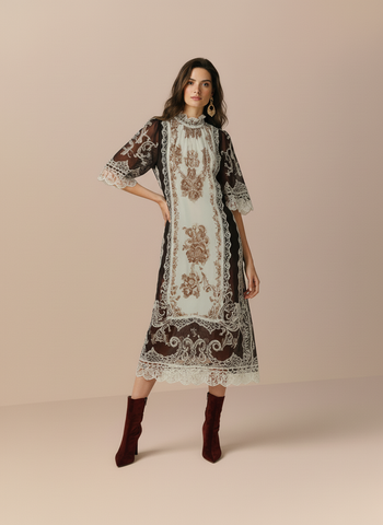 Autumn Winter Women's 2025 Dresses Elegant Appliques Long Sleeve Mock Neck Lace Evening Dresses