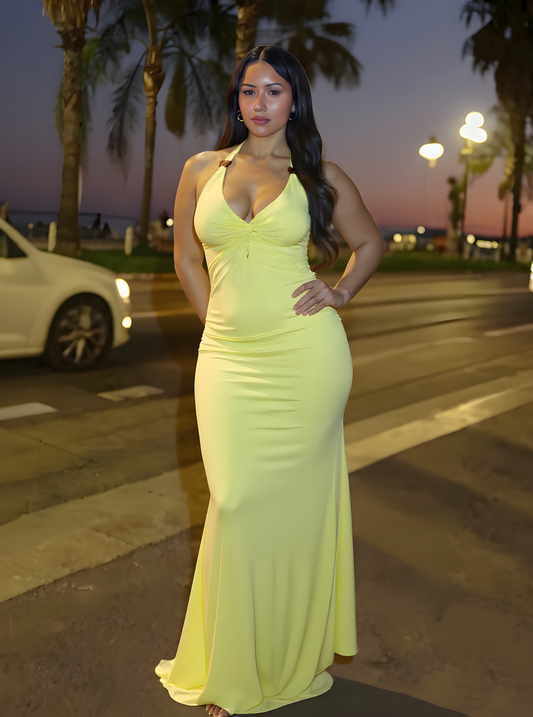 Autumn Dresses Women's 2025 Elegant Plain Sleeveless Halter Neck Ruffled Bust Midi Dating Wrap Dresses