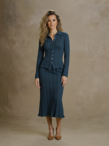 Women's Autumn 2025 Sets Plain Long Sleeve Lapel Button Cardigans Stringy Selvedge Midi Skirts Basics Sets