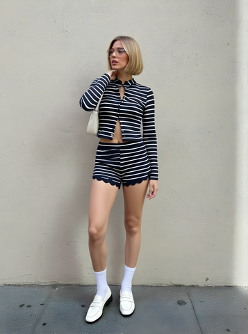 Women's Sets Autumn Chic 2025 Stripes Long Sleeve Stand Collar Button Front Blouses Casual Shorts Sets