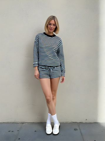 Women's Sets Autumn Fashion 2025 Stripes Long Sleeve Crew Neck Blouses Drawstring Casual Shorts Sets