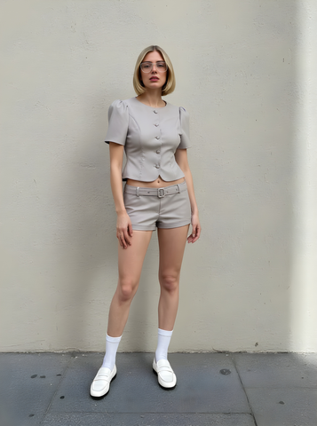 Women's Sets Autumn Chic 2025 Plain Short Sleeve Round-Neck Button Front Crop-Top Low Waist Daily Shorts Sets