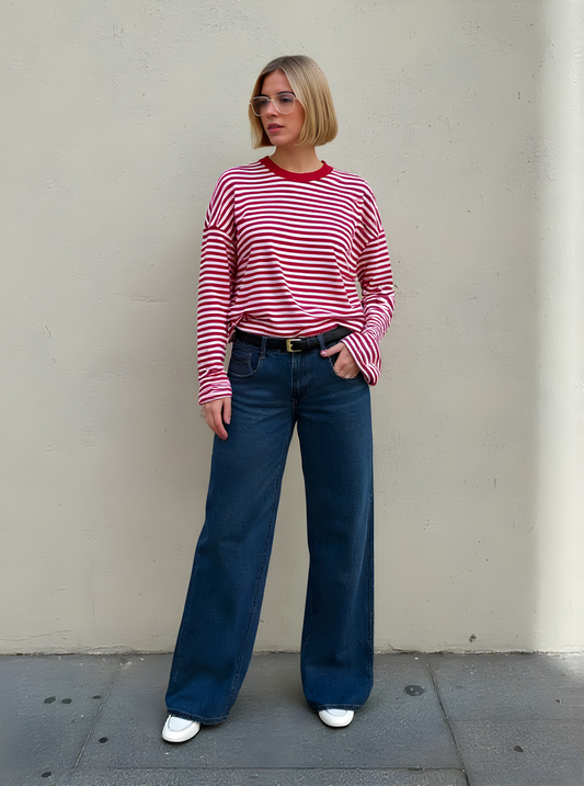 2025 Autumn Winter Women's T-Shirts Fashion Stripes Long Sleeve Crew Neck Loose Fit Daily Basic T-Shirts