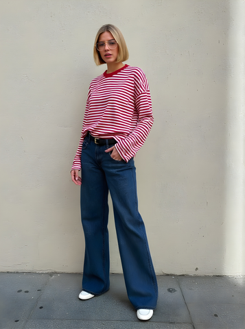 2025 Autumn Winter Women's T-Shirts Fashion Stripes Long Sleeve Crew Neck Loose Fit Daily Basic T-Shirts