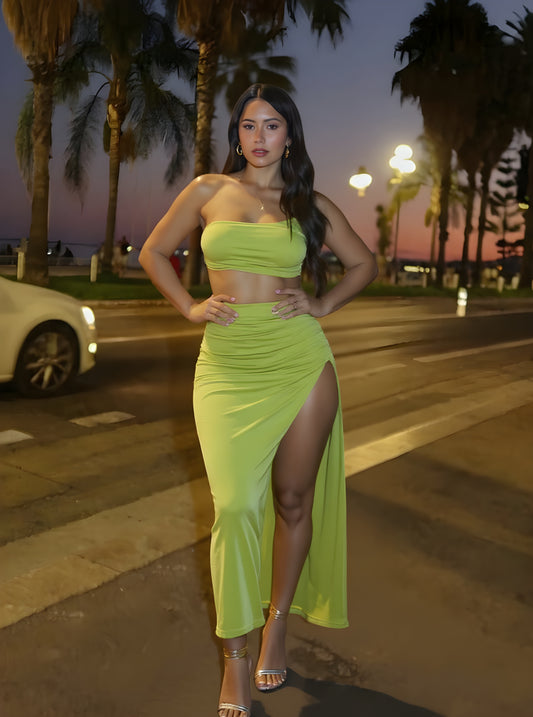 Autumn Sets Women's Chic Solid Color Sleeveless Strapless Tops A-Line Side Slit Skirts Daily Sets