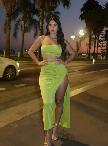 Autumn Sets Women's Chic Solid Color Sleeveless Strapless Tops A-Line Side Slit Skirts Daily Sets