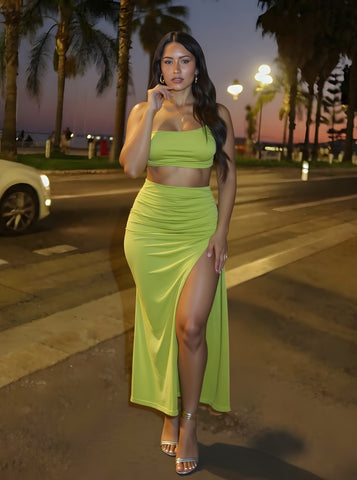 Autumn Sets Women's Chic Solid Color Sleeveless Strapless Tops A-Line Side Slit Skirts Daily Sets