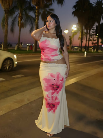 Autumn Sets Women's 2025 Fashion Floral Printing Sleeveless Square Neck Tanks Midi Draped Skirts Daily Sets