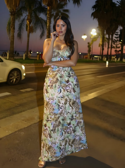 Autumn Dresses Women's 2025 Sexy Full Print Spaghetti Strap Square Neck Draped Midi Dating Wrap Dresses