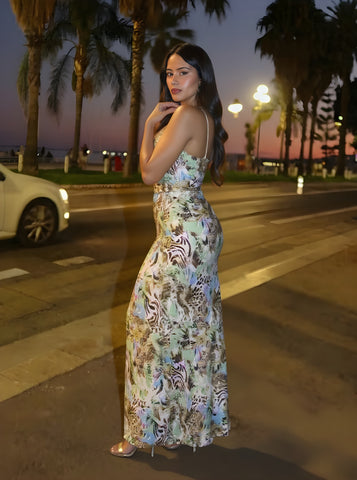 Autumn Dresses Women's 2025 Sexy Full Print Spaghetti Strap Square Neck Draped Midi Dating Wrap Dresses