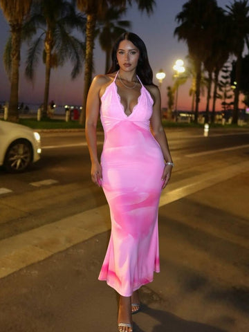 Autumn Dresses Women's 2025 Elegant Gradient Sleeveless Halter Neck Draped Midi Vacation Bodycon Dresses