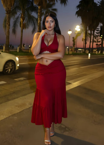 Autumn Sets Women's Fashion Plain Sleeveless Halter Neck Crop-Top Layered Ruffled Waist Skirts Daily Sets